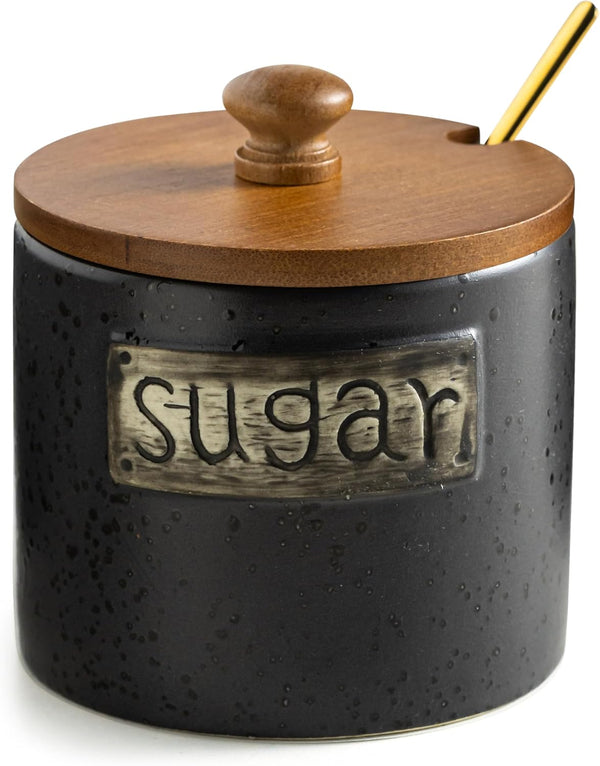 LYEOBOH Black Sugar Bowl with Lid and Spoon, 15 Oz Farmhouse Sugar