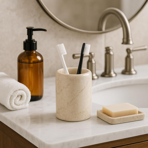 3.5 4.5 Inch Creative Home Natural Champagne Marble Tumbler Solid Stone Toothbrush Holder Cup Bathroom Vanity Makeup