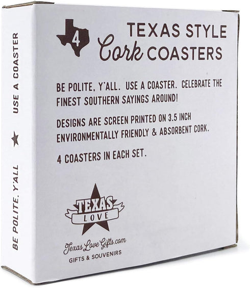 Y'all Texas Coaster Set, 4 Cork Coasters, 3.5 Inch, Texas Gift