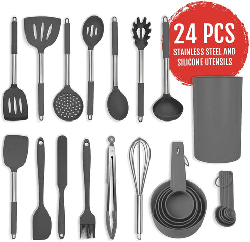 Silicone Kitchen Utensils Set, Culinary Couture 24-Pieces Grey Cooking Utensils for Nonstick Cookware