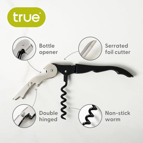 True Brands TrueTap Double Hinged Waiters Corkscrew, Stainless Steel Wine Key with Foil Cutter, Black Blue, Set of 1
