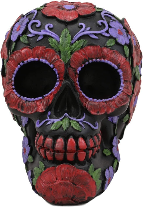 Ebros Black Day of The Dead Sugar Skull Figurine, 6" Long Floral Blooms Statue, Halloween Macabre Decor Collectible