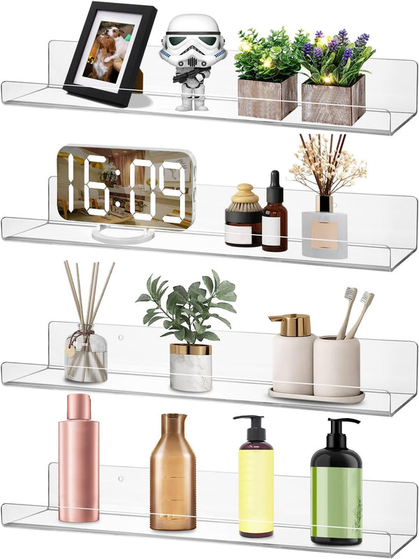 Dezzer 4 Pack Acrylic Shelves for Wall, 15" Clear Acrylic Floating Shelves