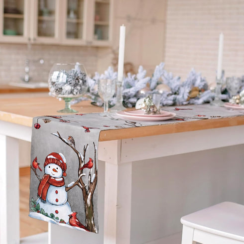 13x108 Inch Christmas Red Bird Branch Table Runner Snowman Cardinal Burlap Table Runners, Winter Xmas Seasonal Coffee