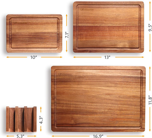 LAZIOPATER Set 3, Set Acacia Wood Cutting Board of Solid Wood Cutting Board with Holder, Deep Juice Grooves & Built
