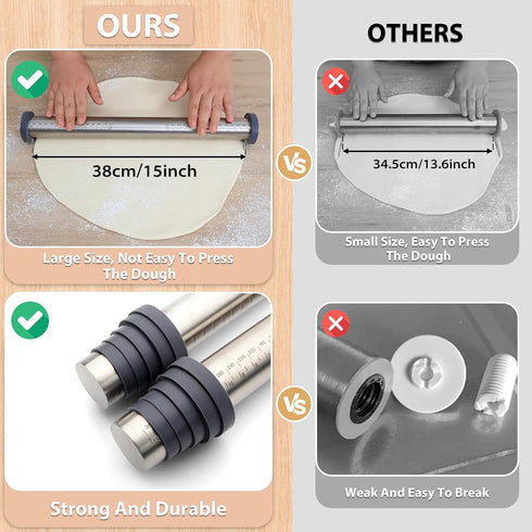 Adjustable Rolling Pin with Thickness Rings - Non Stick Stainless Steel Dough Roller Pin for Baking (Grey, 15.8'')