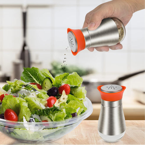 Evelyne Salt Pepper Shaker Set, 2 pcs Pack, Glass with Stainless Steel Cover (Orange)