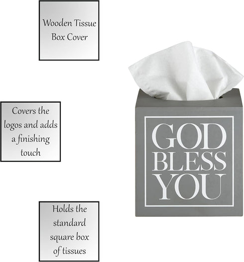Creative Brands Faithworks, God Bless You Wooden Tissue Box Cover, Small, Grey