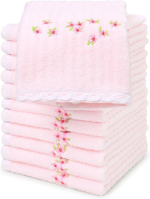 Jacquotha Pink Washcloths 12 Pack (Floral Embroidered), Soft Wash Cloths for Face,
