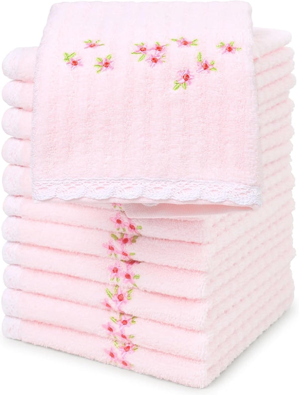 Jacquotha Pink Washcloths 12 Pack (Floral Embroidered), Soft Wash Cloths for Face,