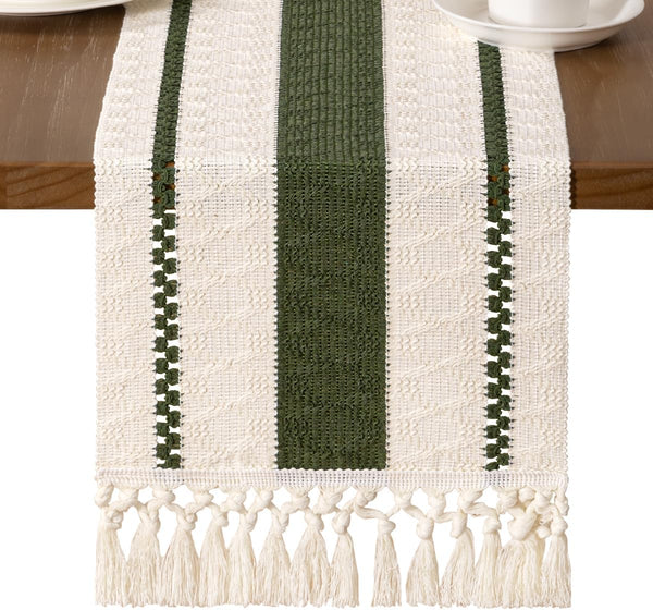 MLMW Boho Table Runner 40 inches Olive Green&Ivory Small Coffee Table Runner
