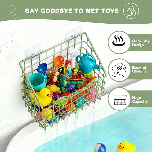 2 PackBath Greentainer Toy Organizer, Wall Mounted Shower Storage Basket - Metal Bathtub Toy Holder with Hooks