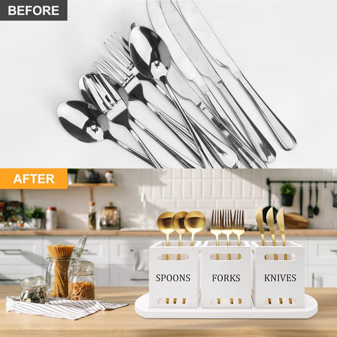 Ayiaren Wooden Flatware Caddy, White Cutlery Holder with Wood Tray for Kitchen Counter, Knife Fork Spoon Organizer