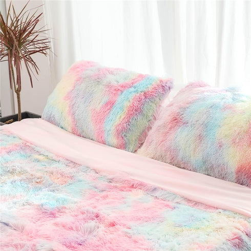 Plush Standard/Queen Pillowcase 2 Pack, Rainbow Tie Dye Super Soft Fluffy Faux Fur Pillow Cases with Zipper