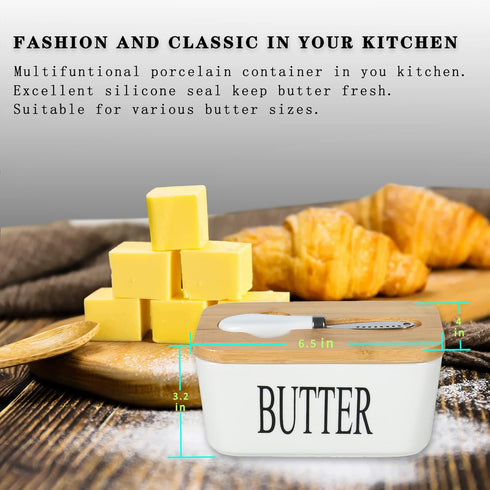Large Butter Dish with Lid, Ceramic Container for Countertop with Knife Holder and Double Silicone Seals