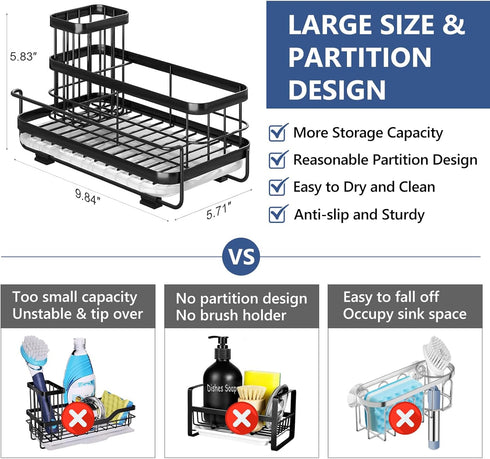 Trendy Sink Caddy Kitchen Organizer, Sponge Holder with Drain Tray, Rustproof Non-Slip Dish Soap Dispenser Rack (Matte