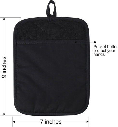 100% Cotton with Silicone Kitchen Everyday Basic Pot Holder Heat Resistant Coaster Potholder Oven Mitts Set of 2 (Black)