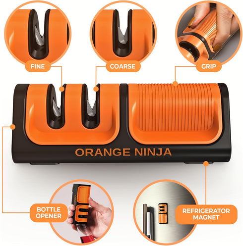 Orange Ninja Mini Knife Sharpener - Coarse & Fine Knife Sharpener, Knife Sharpening System- Knife Sharpeners for Kitchen Knives, Pocket Kitchen Knife Sharpener with Bottle Opener & Fridge Attachment by Sharp Pebble