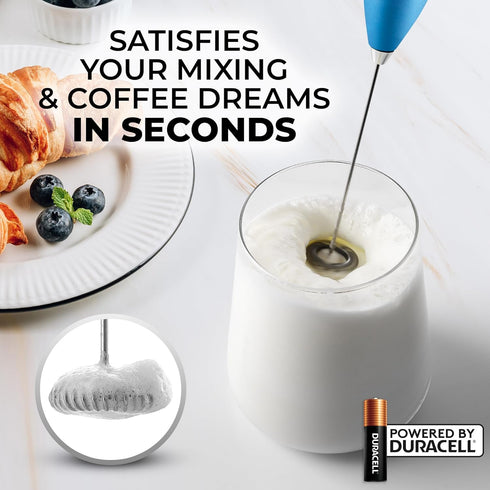 Zulay Kitchen Milk Frother Wand - Handheld Electric Frother with 2 Duracell Batteries, Easy-Clean Mixer, Metallic Blue