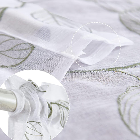 Topick White Sheer Kitchen Curtains with Sage Green Leaf Embroidery, 36 Inch Rod Pocket, 2 Panels for Short Windows