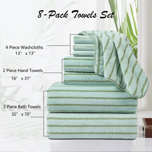 8 Set Sheet-2 Towels,2 Towels,4 Oliven Pcs Green Cabana Stripe Large Bath Towel Oversized Bath Bathroom Hand Washcloths