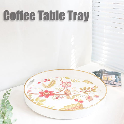 Counter Spsyrine Decorative Serving Tray with Handles, Lacquered Coffee Table Tray for Ottoman, Round Waterproof