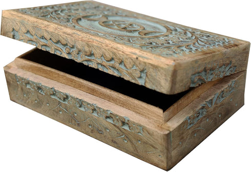 DharmaObjects Large Triple Moon Hand Carved Jewelry Trinket Keepsake Wooden Storage Box, Turquoise