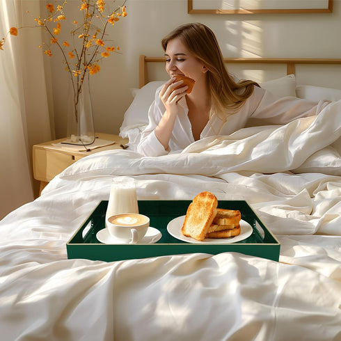 15.8" 10.2" 1.4" MAONAME Dark Green Decorative Tray, Serving Tray with Handles, Plastic Trays for Coffee Table