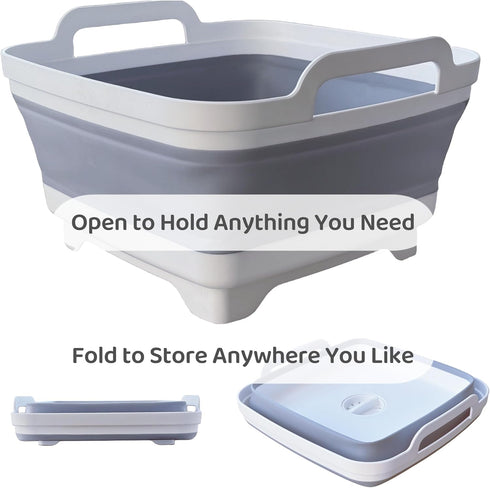 Collapsible Wash Basin with Drain Plug - 2.4 Gallon (9L) Portable Sink for RV Camping, Space-Saving Dish Pan (Gray)