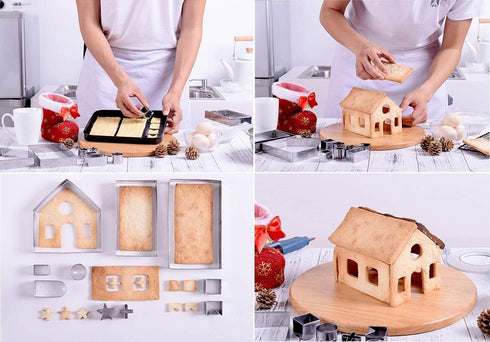 Sakolla Gingerbread House Cookie Cutter Set (Set of 10) - 3D Christmas Cookie Cutters with Gift Box