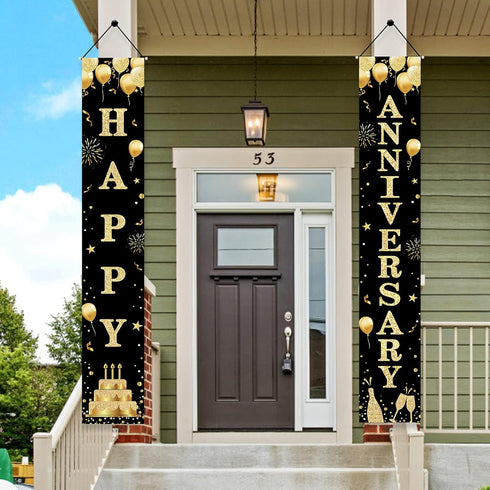 Wedding Anniversary Door Banner, Black Gold Happy Anniversary Sign for Party Decorations, Welcome Porch Outdoor Supplies