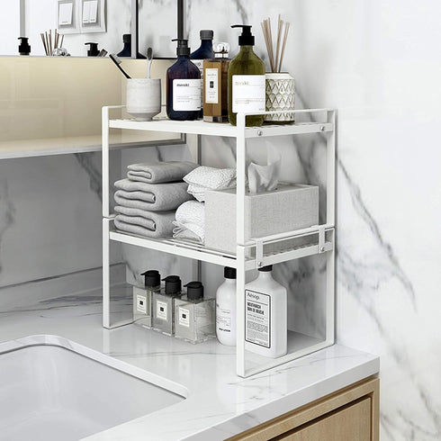 Kitchen Cabinet Shelf Organizer Rack, 2 Pack, Pantry Storage, Bathroom Bedroom Office Table Desk Space Saving, Steel