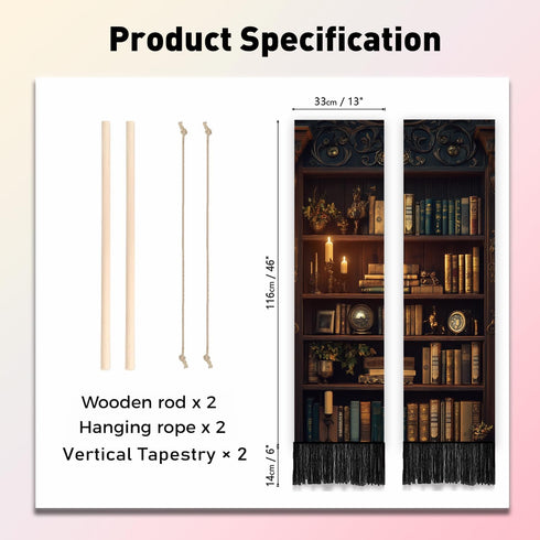 2 Pack 46" 13" PLIGREAT Vintage Bookshelf Tapestry with Tassel Classic Library Wall Tapestry Vertical Wall Hanging