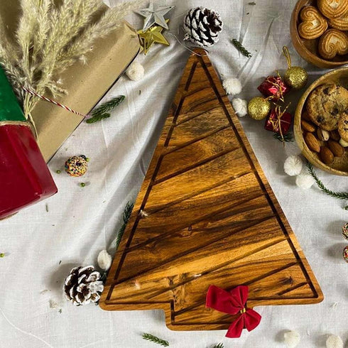 Acacia Wooden Christmas Cutting Board for Kitchen Decor, 12.5"L x 10"W Tree Shaped Acacia Wood Chopping Board with Handle & Slicey Grooves, Serving Charcuterie Platter Christmas Gift