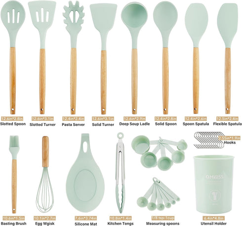 QMVESS Silicone Kitchen Utensils Set, 35 Pcs Non-Stick Cooking Accessories with Wooden Handles