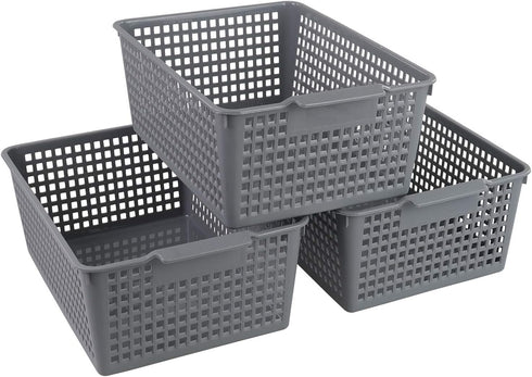 Farmoon Grey Plastic Weave Organizer Basket, 3 Packs of Plastic Storage Baskets