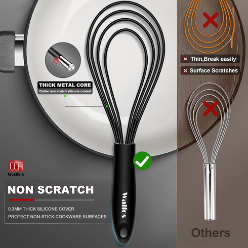 Walfos Whisk Combo, 11inch Flat Whisks and 10inch Balloon Whisk, Silicone Whisks for Cooking, Non Scratch Coated