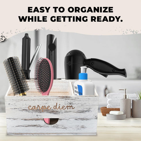 Bathroom Hair Tool Organizer, White Blow Dryer Holder, Rustic Hair Organizer Storage for Vanity with Brush Holder