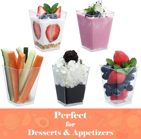 5 Oz-Plastic-Dessert-Cups: 200 Pack SHOPDAY Square-Clear-Parfait-Cup-with-Spoons, Appetizer-Cup