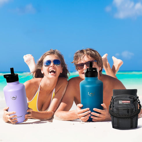 NATURE PIONEOR 64oz Insulated Water Bottle with Straw - Stainless Steel Vacuum Water Jug with Holder/Sleeve