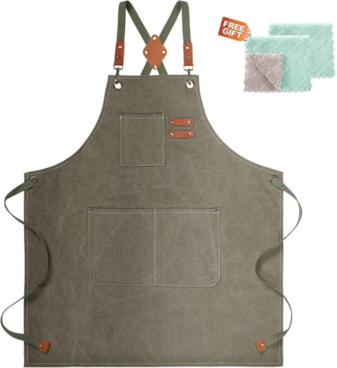 Aprons for Men Women: Cotton Canvas Cross Back Apron with Large Pockets and Adjustable Straps for Baking