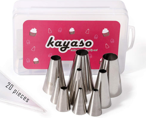 Round Piping Tip Set, 9 Stainless Steel Pastry Tips in Graduated Sizes with 20 Disposable Decorating Bags for Cupcakes,