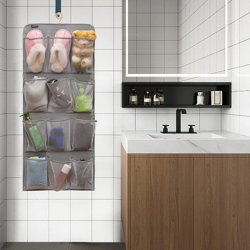 Dual Sided Hanging Shoe Organizer for Closet | Rotating Hanger with 24 Large Pockets (Grey-Mesh Pockets)