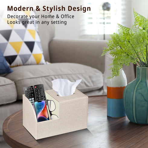 PU Leather Square Tissue Box Cover, Multi-Functional Holder for Tissue and Remote Control Storage