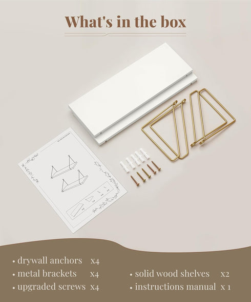 Set 2 Afuly Floating Shelves for Wall, Metallic Gold White Wall Mounted Shelves, Shelves for Bathroom Kitchen Bedroom