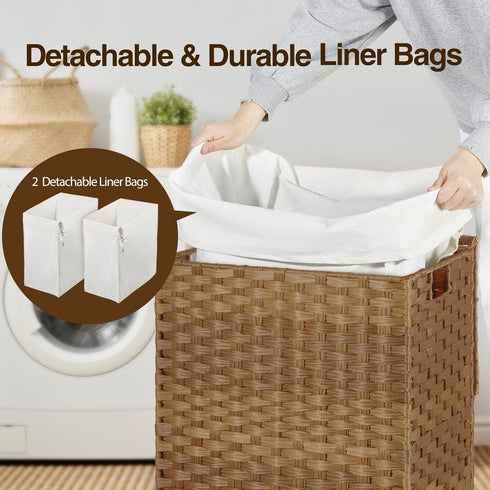 GREENSTELL Laundry Hamper - 90L Clothes Hamper with Lid, 2 Removable Liner Bags & 2 Mesh Laundry Bags, Handwoven