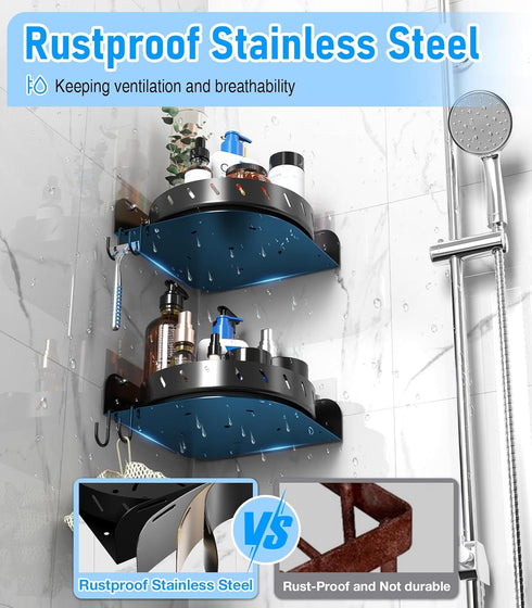 360 6 2PACK 5Pcs Rotating Shower Caddy Shelf With Hooks, Bathroom Organizer With Adhesive, Stainless Steel Corner Racks