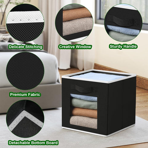 Cube Storage Bins - Fabric Shelves for Closet Organization, Foldable Storage Bins for Clothes, Set of 6, Black