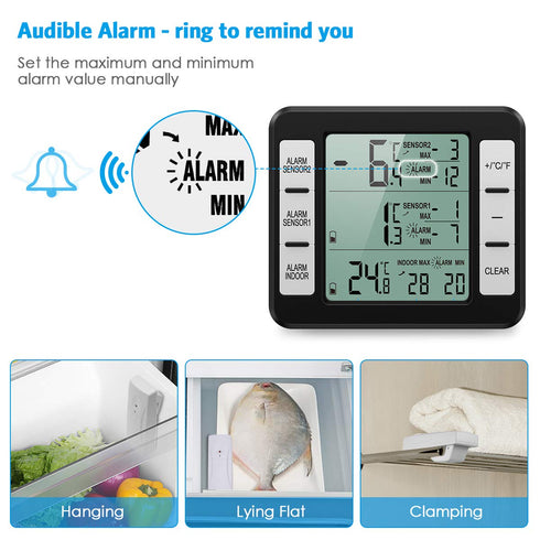 AMIR Refrigerator Thermometer, Wireless Indoor Outdoor Temperature Monitor with Audible Alarm (Battery not Included)