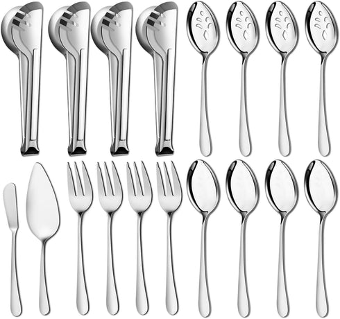 Pleafind 18-Piece Stainless Steel Serving Utensils Set, Includes Spoons, Forks, Tongs, Pie Server for Parties